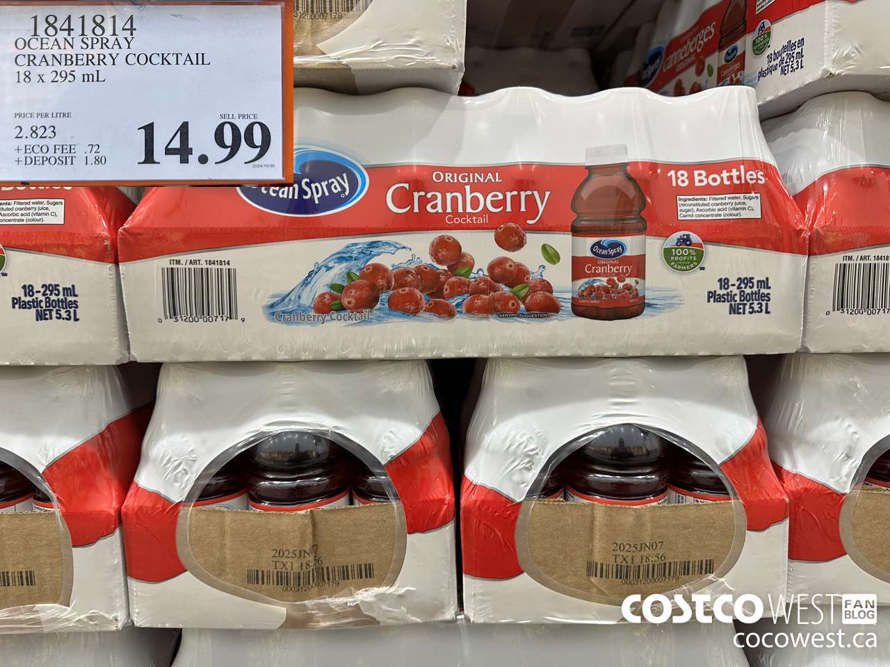 1841814 OCEAN SPRAY CRANBERRY COCKTAIL 18 X 295ML $14.99