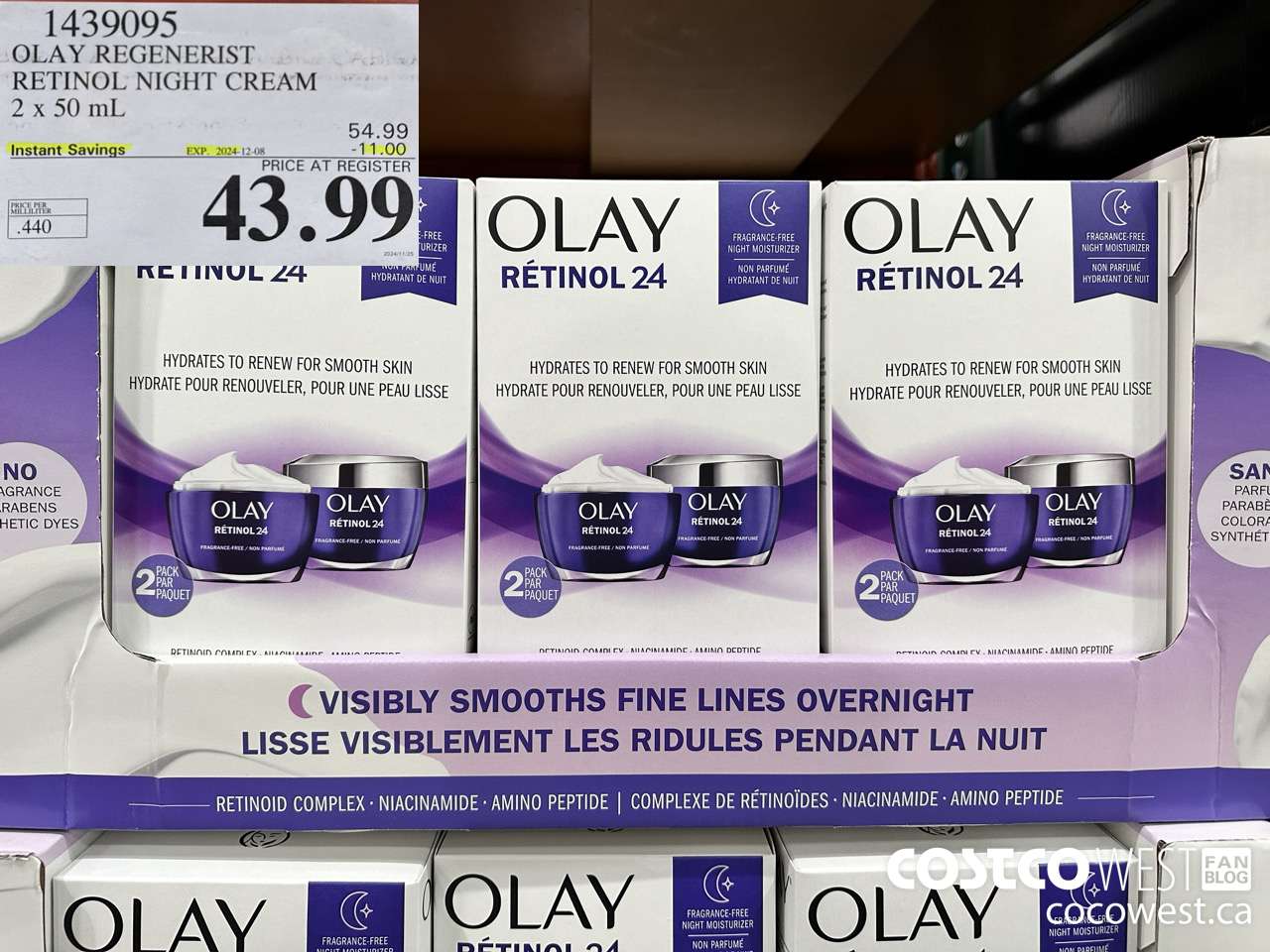 1439095 OLAY REGENERIST RETINOL24 NIGHT CREAM 2 x 50 mL ($11.00 INSTANT SAVINGS EXPIRES ON 2024-12-08) $43.99