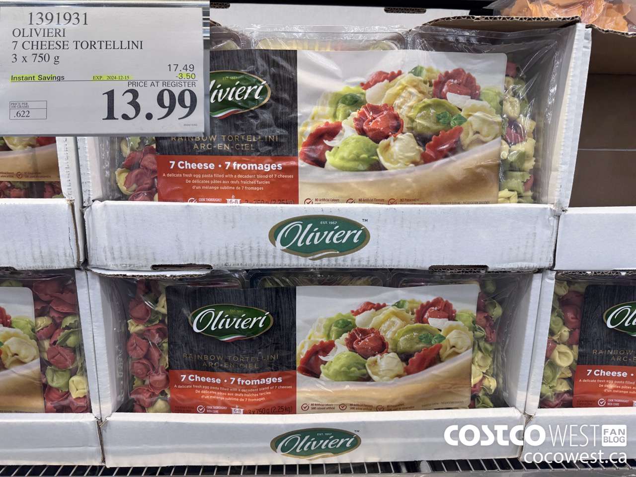 1391931 OLIVIERI 7 CHEESE TORTELLINI 3 x 750 g ($3.50 INSTANT SAVINGS EXPIRES ON 2024-12-15) $13.99