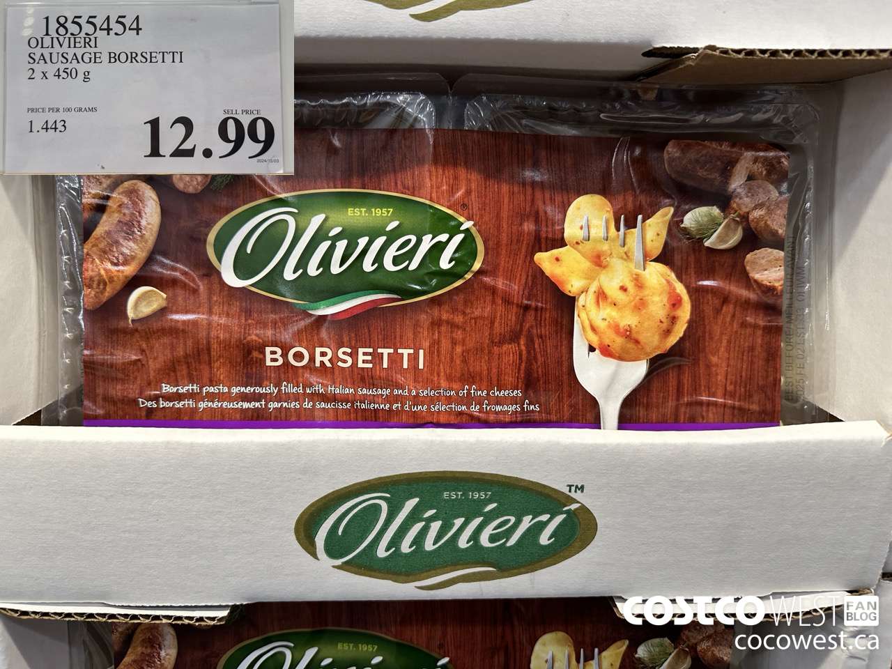 1855454 OLIVIERI SAUSAGE BORSETTI 2 X 450G $12.99