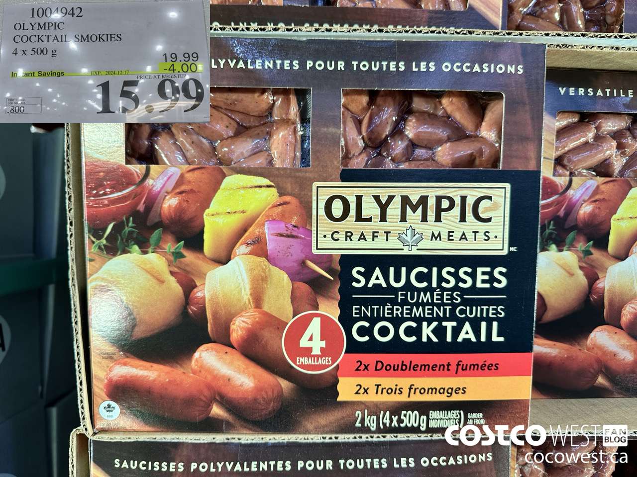 1004942 OLYMPIC COCKTAIL SMOKIES 4 X 500 G ($4.00 INSTANT SAVINGS EXPIRES ON 2024-12-17) $15.99