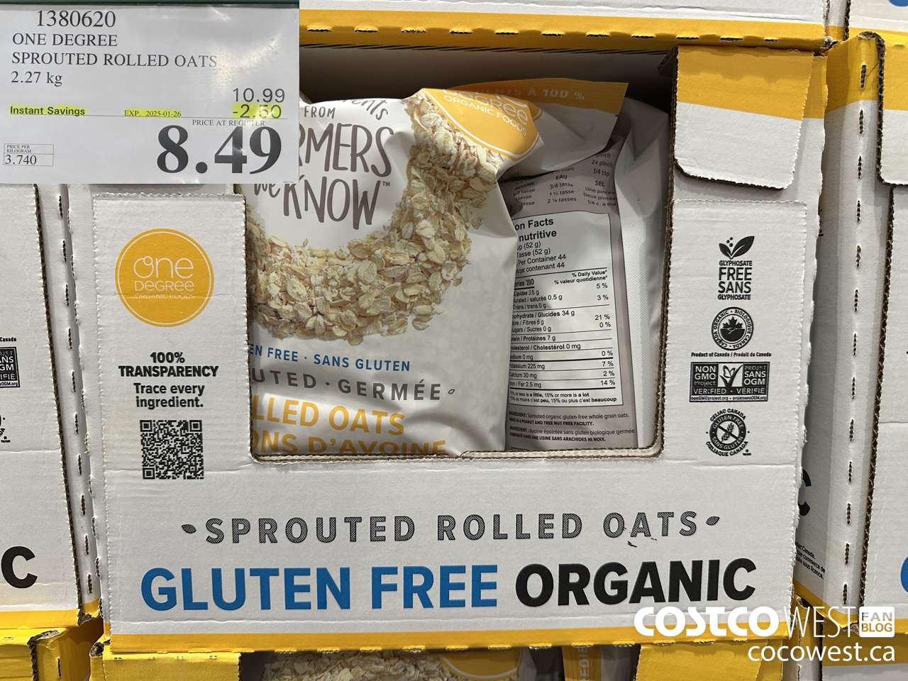 1380620 ONE DEGREE SPROUTED ROLLED OATS 2.27 KG ($2.50 INSTANT SAVINGS EXPIRES ON 2025-01-26) $8.49