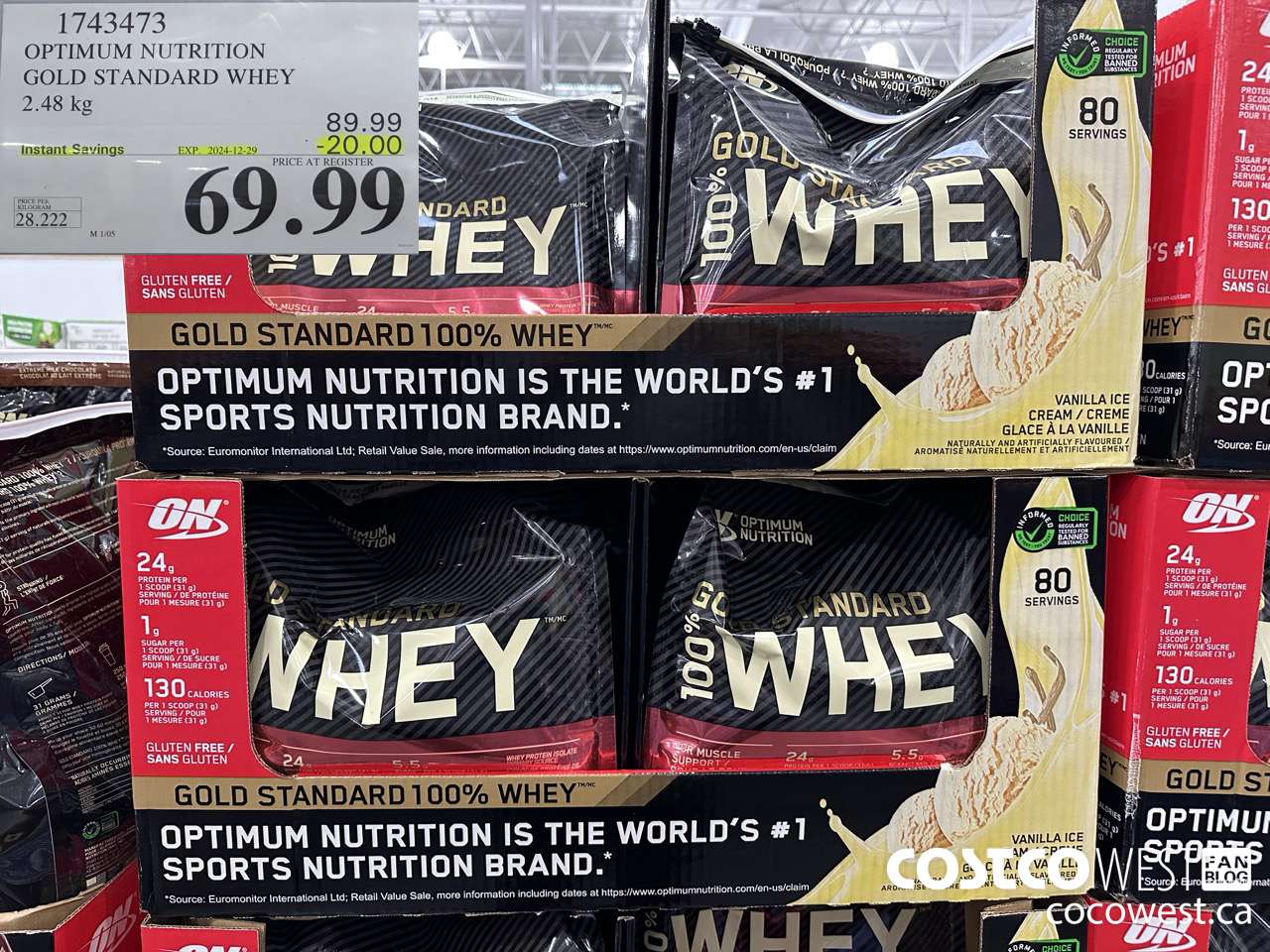 1743473 OPTIMUM NUTRITION GOLD STANDARD WHEY 2.48 KG ($20.00 INSTANT SAVINGS EXPIRES ON 2024-12-29) $69.99