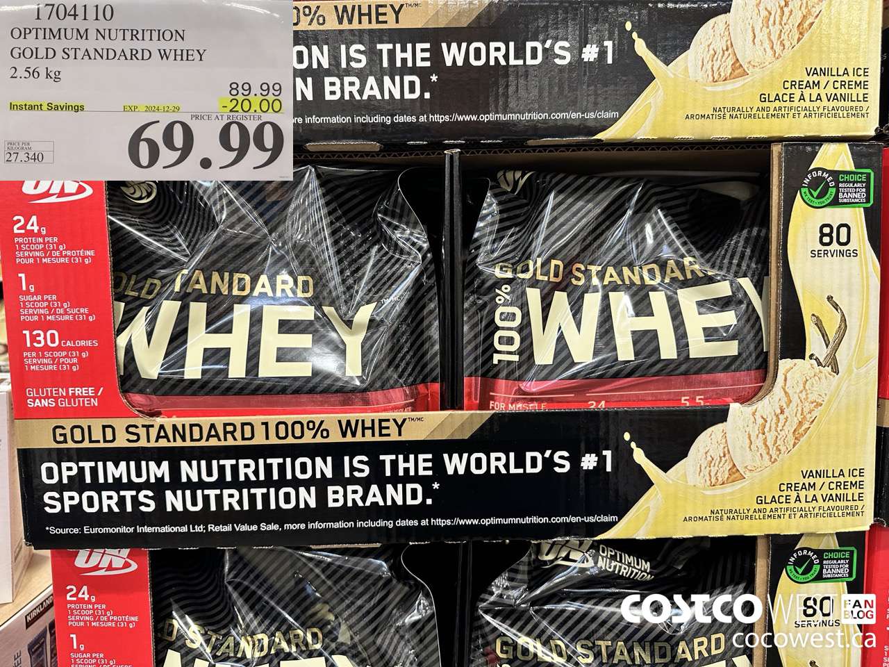 1704110 OPTIMUM NUTRITION GOLD STANDARD WHEY 2.56 KG ($20.00 INSTANT SAVINGS EXPIRES ON 2024-12-29) $69.99