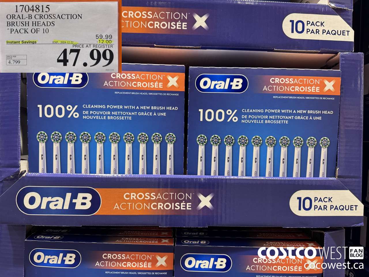 1704815 ORAL-B CROSSACTION BRUSH HEADS PACK OF 10 ($12.00 INSTANT SAVINGS EXPIRES ON 2024-12-22) $47.99