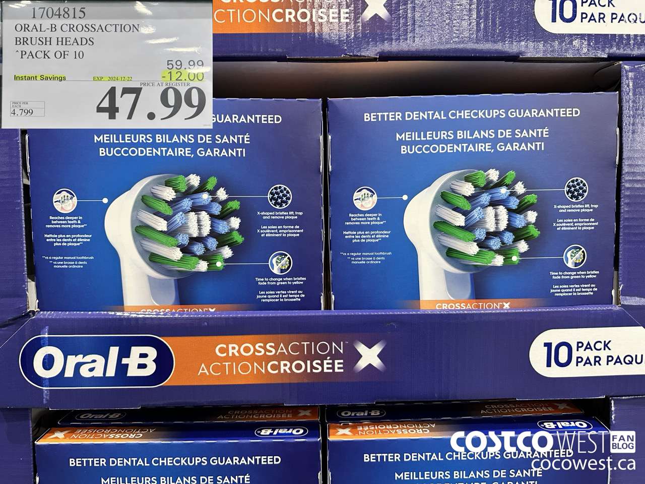 1704815 ORAL-B CROSSACTION BRUSH HEADS PACK OF 10 ($12.00 INSTANT SAVINGS EXPIRES ON 2024-12-22) $47.99