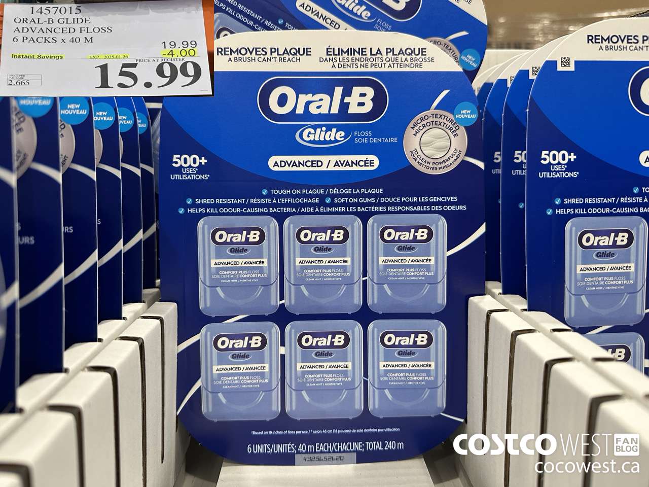 1457015 ORAL-B GLIDE ADVANCED FLOSS 6 PACKS x 40 M ($4.00 INSTANT SAVINGS EXPIRES ON 2025-01-26) $15.99
