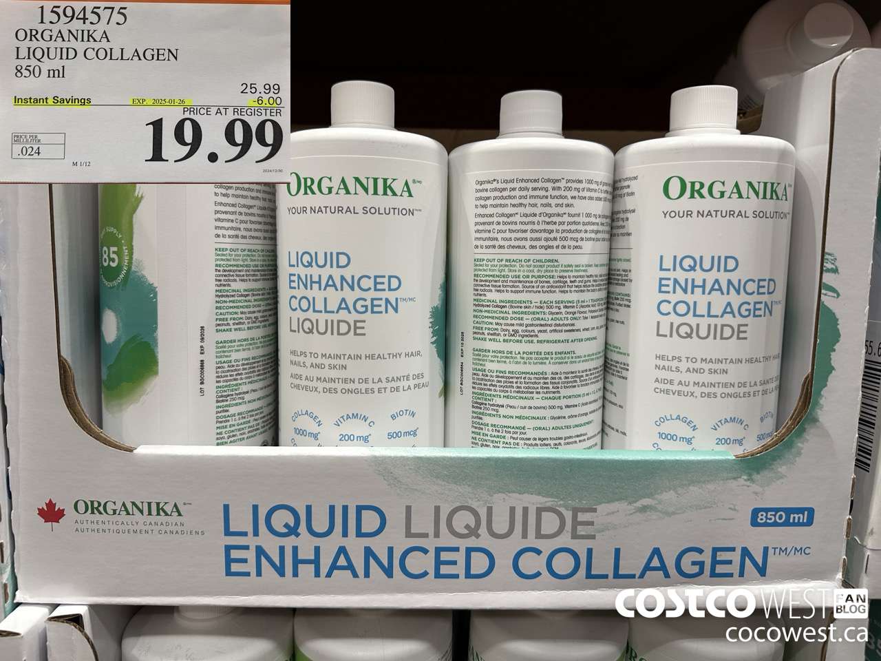 1594575 ORGANIKA LIQUID COLLAGEN 850 ML ($6.00 INSTANT SAVINGS EXPIRES ON 2025-01-26) $19.99
