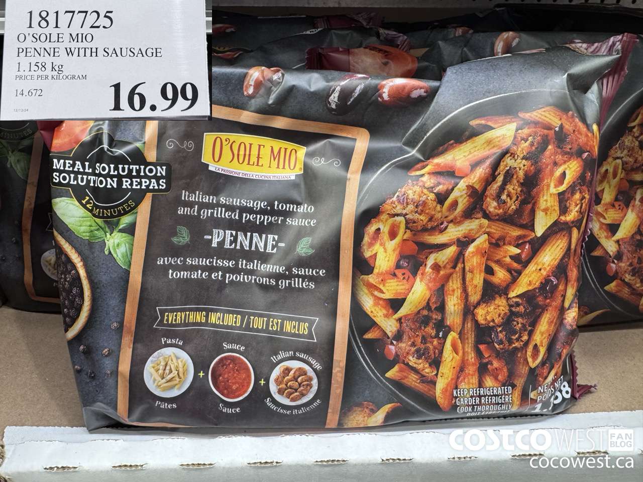 1817725 O'SOLE MIO PENNE WITH SAUSAGE 1.158KG $16.99