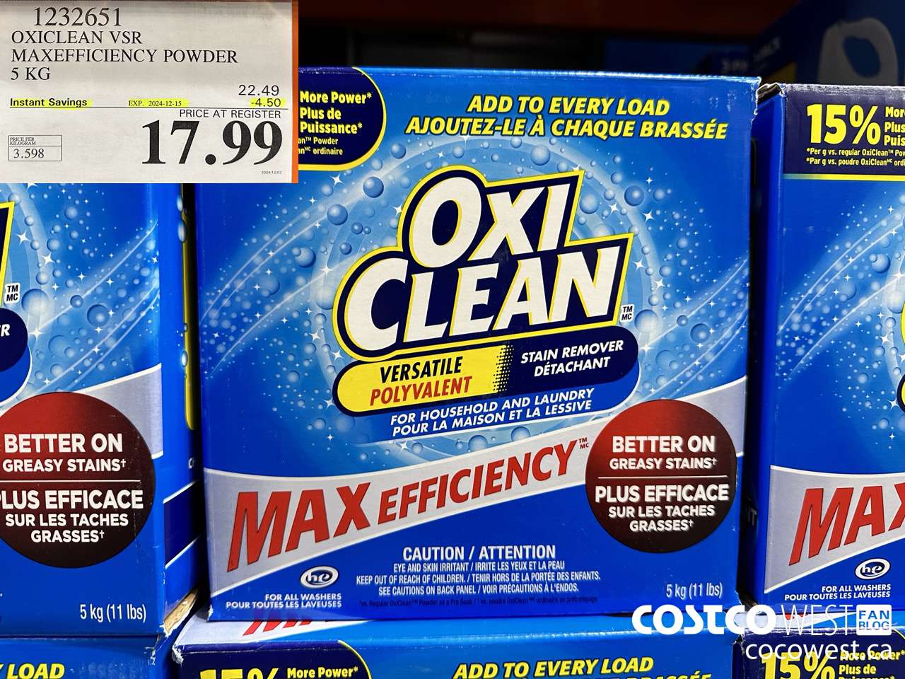 1232651 OXICLEAN VSR MAXEFFICIENCY POWDER 5 KG ($4.50 INSTANT SAVINGS EXPIRES ON 2024-12-15) $17.99