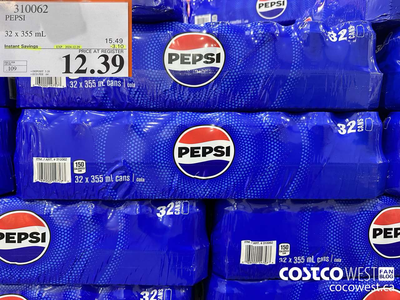 310062 PEPSI 32 X 355 ML ($3.10 INSTANT SAVINGS EXPIRES ON 2024-12-29) $12.39