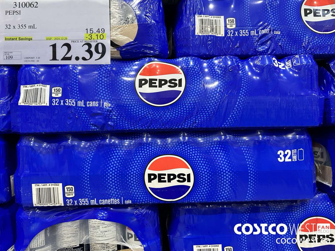 310062 PEPSI 32 X 355 ML ($3.10 INSTANT SAVINGS EXPIRES ON 2024-12-29) $12.39