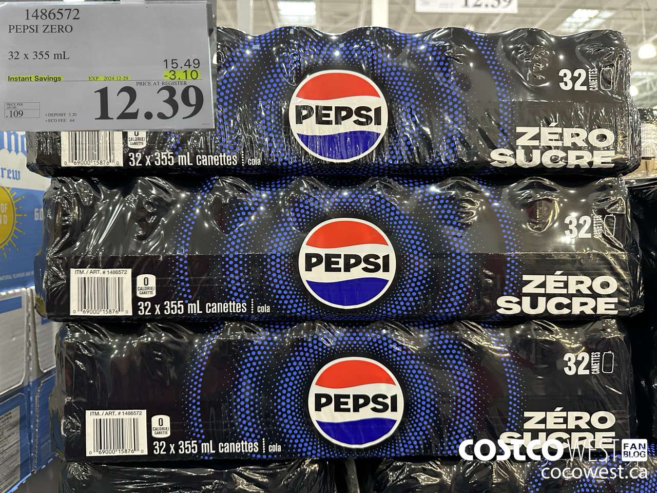 1486572 PEPSI ZERO 32 x 355 mL ($3.10 INSTANT SAVINGS EXPIRES ON 2024-12-29) $12.39