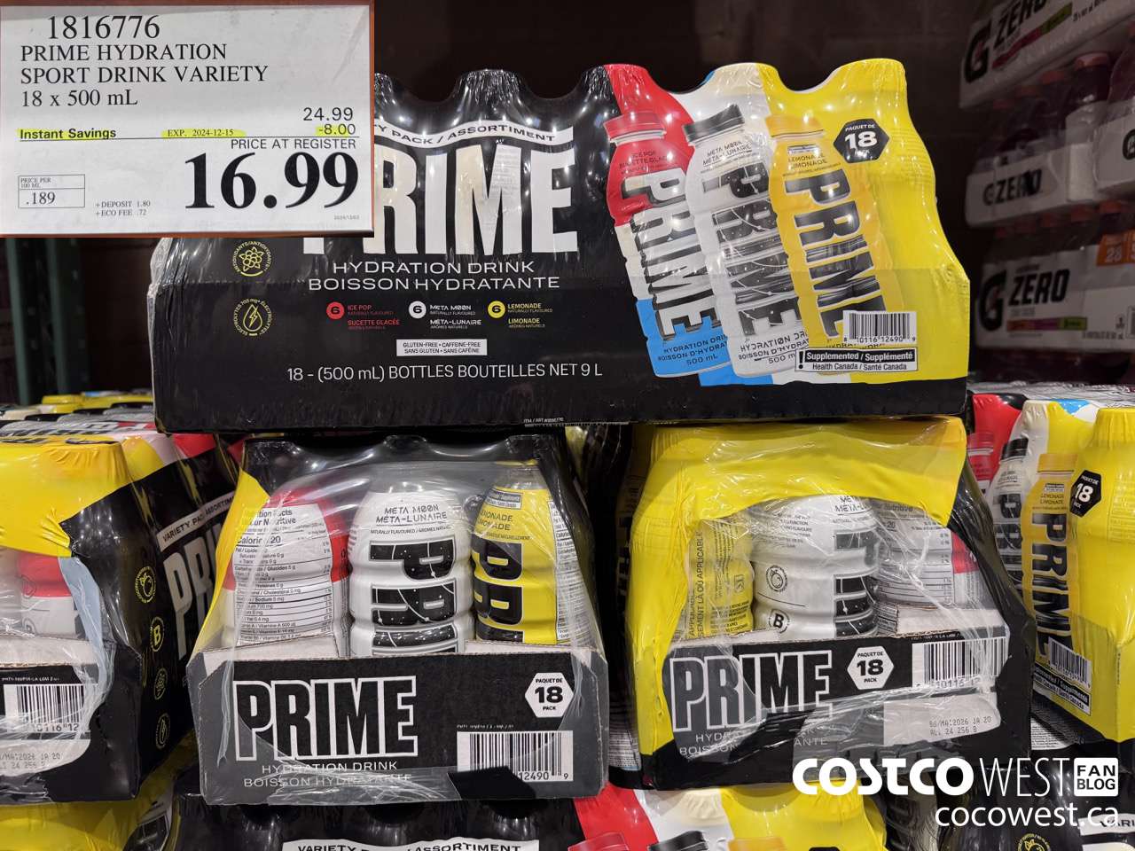 1816776 PRIME HYDRATION SPORT DRINK VARIETY 18 X 500ML ($8.00 INSTANT SAVINGS EXPIRES ON 2024-12-15) $16.99