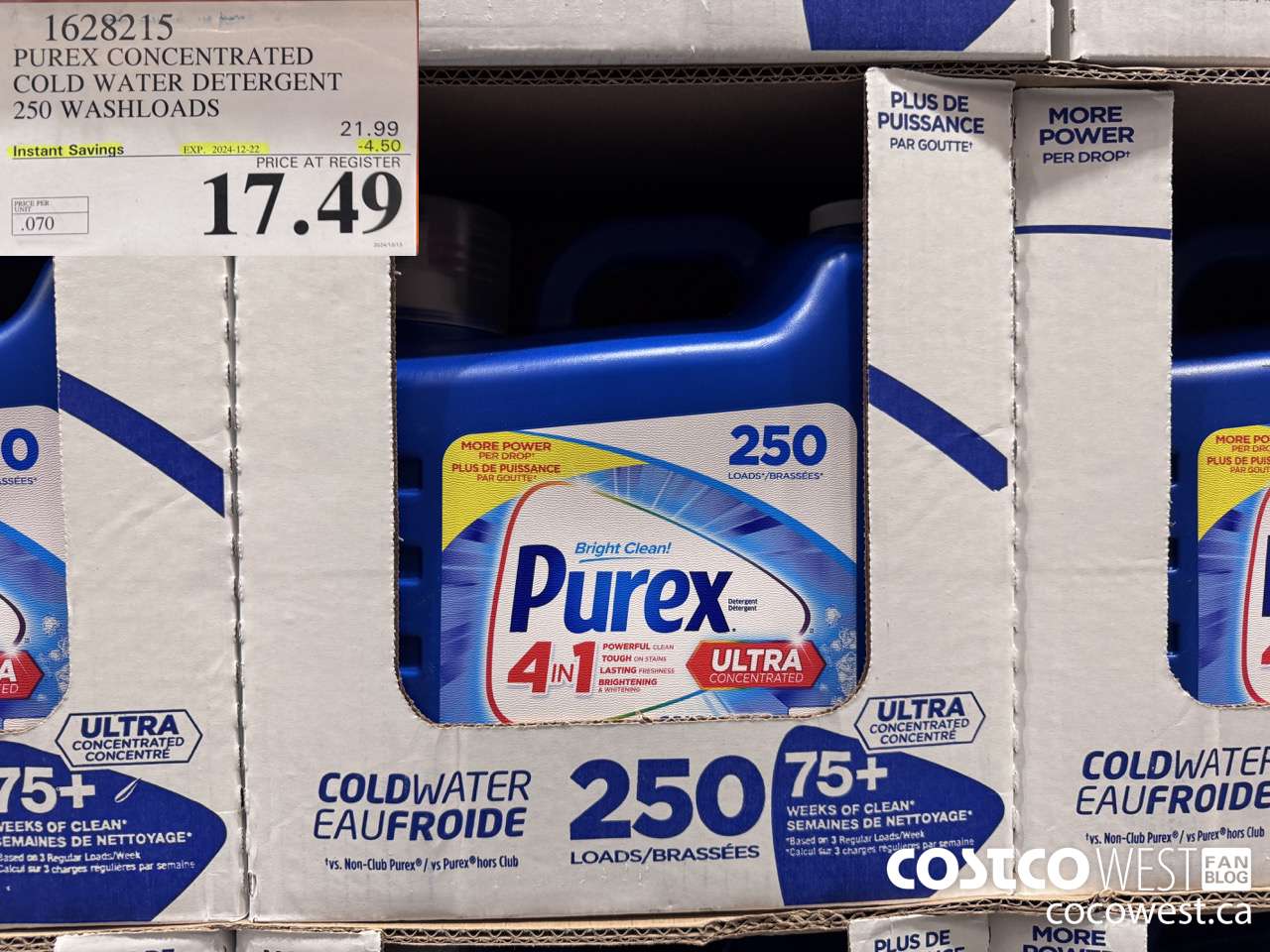 1628215 PUREX CONCENTRATED COLD WATER DETERGENT 250 WASHLOADS ($4.50 INSTANT SAVINGS EXPIRES ON 2024-12-22) $17.49