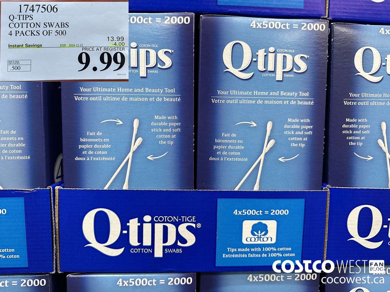 1747506 Q-TIPS COTTON SWABS 4 PACKS OF 500 ($4.00 INSTANT SAVINGS EXPIRES ON 2024-12-22) $9.99