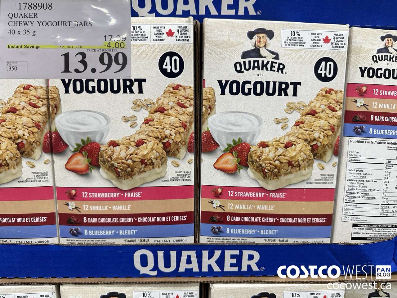 1788908 QUAKER CHEWY YOGOURT BARS 40 X 35 G ($4.00 INSTANT SAVINGS EXPIRES ON 2024-12-08) $13.99