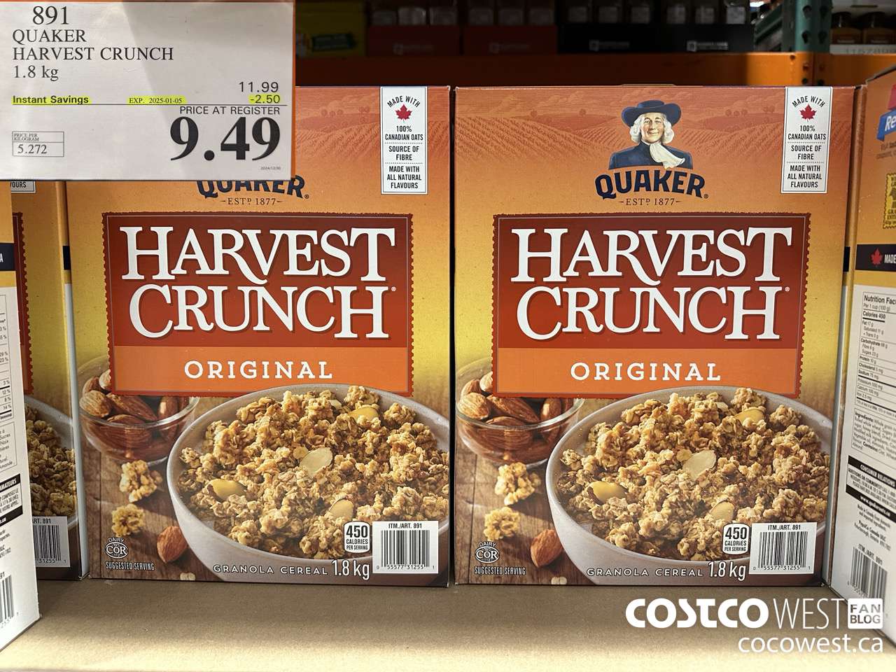 891 QUAKER HARVEST CRUNCH 1.8 KG ($2.50 INSTANT SAVINGS EXPIRES ON 2025-01-05) $9.49