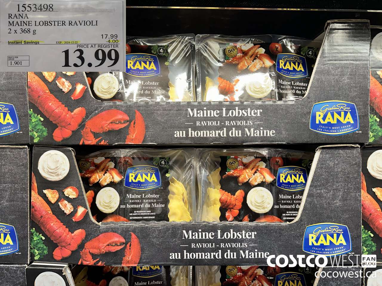 1553498 RANA MAINE LOBSTER RAVIOLI 2 X 368 G ($4.00 INSTANT SAVINGS EXPIRES ON 2024-12-22) $13.99