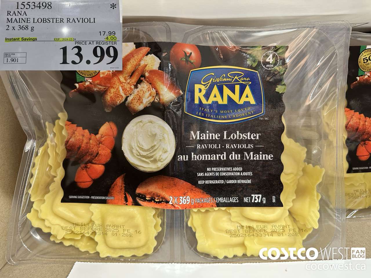 1553498 RANA MAINE LOBSTER RAVIOLI 2 X 368 G ($4.00 INSTANT SAVINGS EXPIRES ON 2024-12-24) $13.99