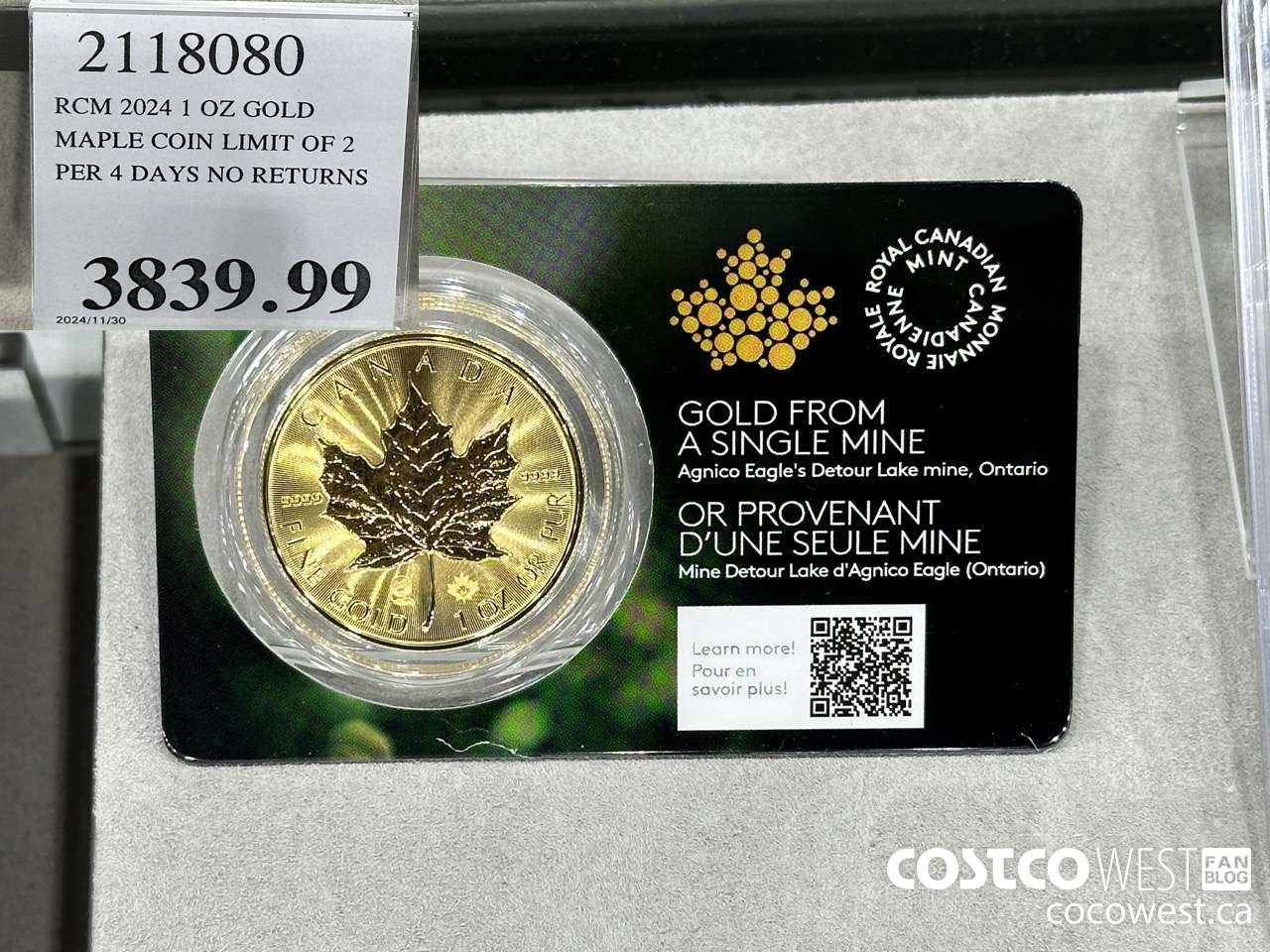 2118080 RCM 2024 1 OZ GOLD. MAPLE COIN LIMIT OF 2 PER 4 DAYS NO RETURNS $3839.99