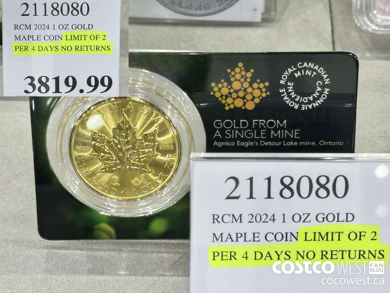 2118080 RCM 2024 1 OZ GOLD. MAPLE COIN LIMIT OF 2 PER 4 DAYS NO RETURNS $3819.99