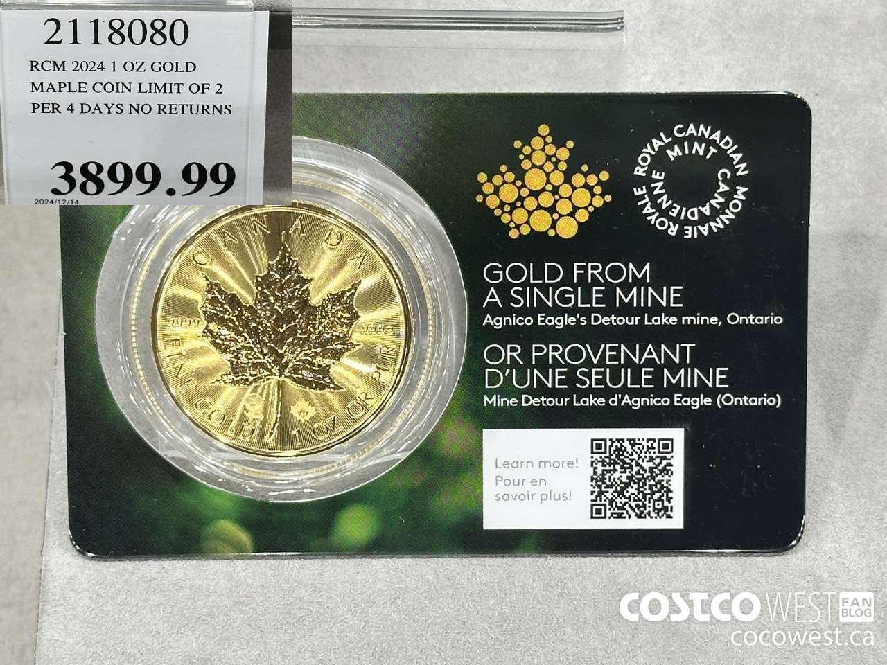 2118080 RCM 2024 1 OZ GOLD. MAPLE COIN LIMIT OF 2 PER 4 DAYS NO RETURNS $3899.99