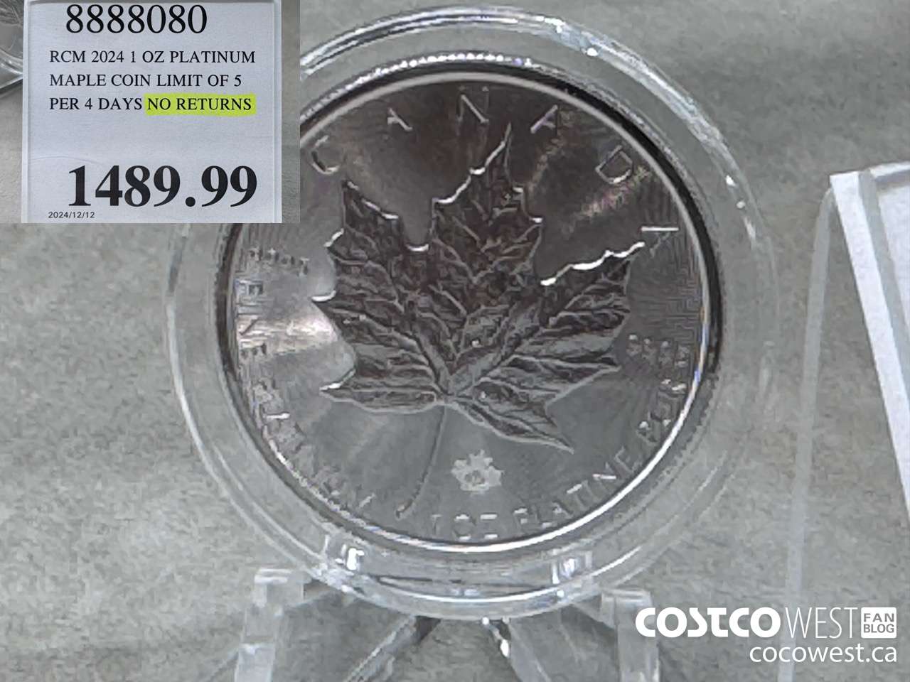 8888080 RCM 2024 1 OZ PLATINUM MAPLE COIN LIMIT OF 5 PER 4 DAYS NO RETURNS $1489.99