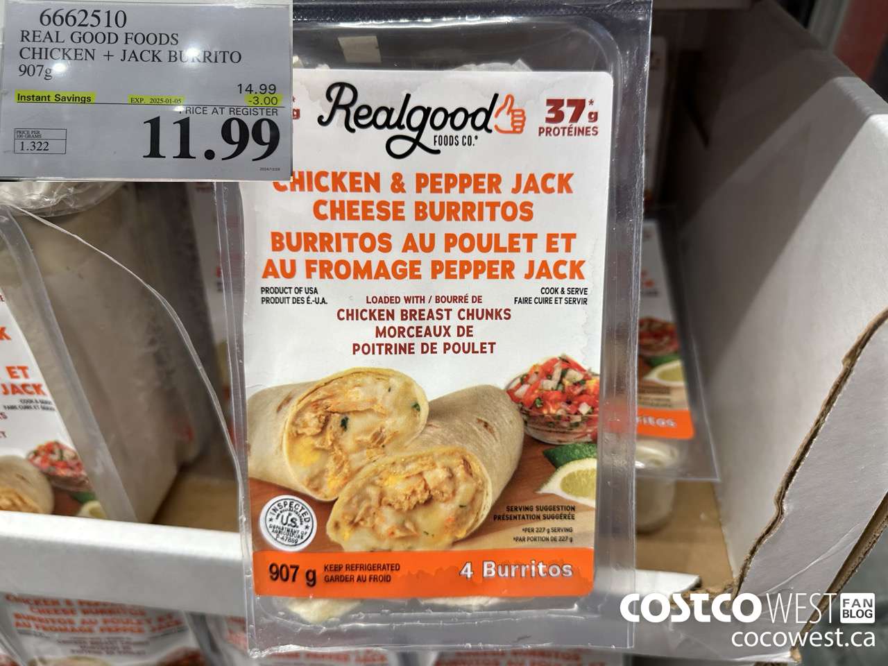 6662510 REAL GOOD FOODS CHICKEN & JACK BURRITO 907G ($3.00 INSTANT SAVINGS EXPIRES ON 2025-01-05) $11.99