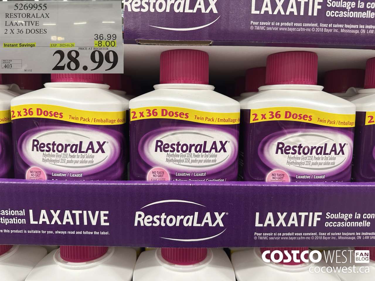 5269955 RESTORALAX LAXATIVE 2 X 36 DOSES ($8.00 INSTANT SAVINGS EXPIRES ON 2025-01-26) $28.99