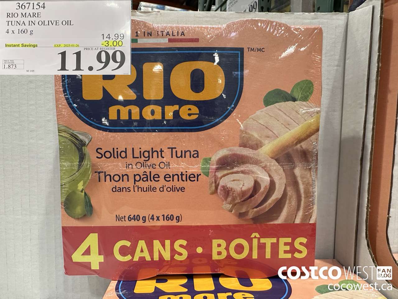 367154 RIO MARE TUNA IN OLIVE OIL 4 x 160 g ($3.00 INSTANT SAVINGS EXPIRES ON 2025-01-26) $11.99