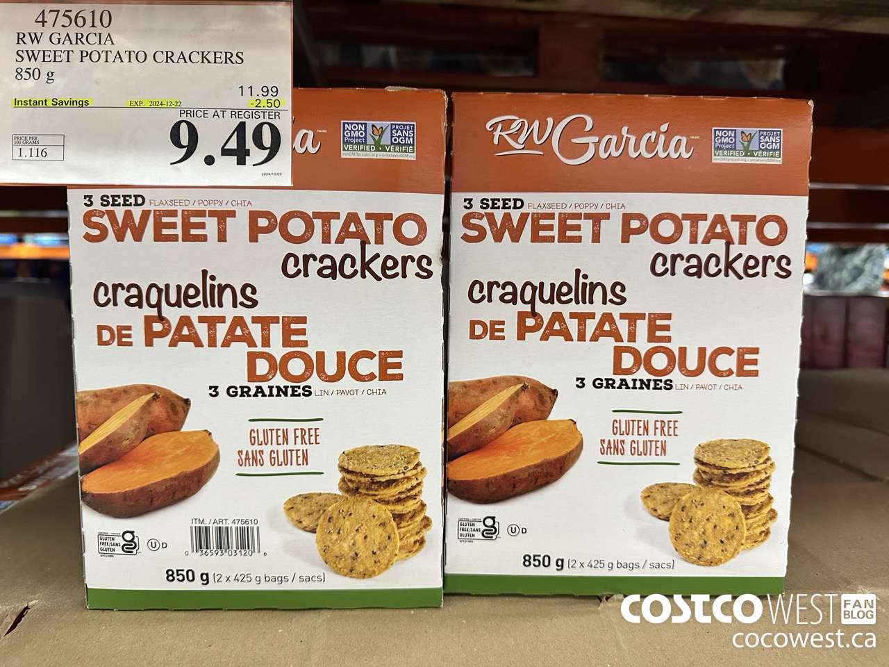 475610 RW GARCIA SWEET POTATO CRACKERS 850 g ($2.50 INSTANT SAVINGS EXPIRES ON 2024-12-22) $9.49