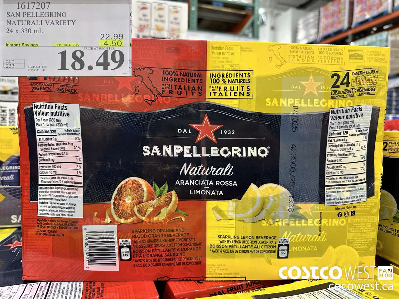 1617207 SAN PELLEGRINO NATURALI VARIETY 24 x 330 mL ($4.50 INSTANT SAVINGS EXPIRES ON 2024-12-15) $18.49