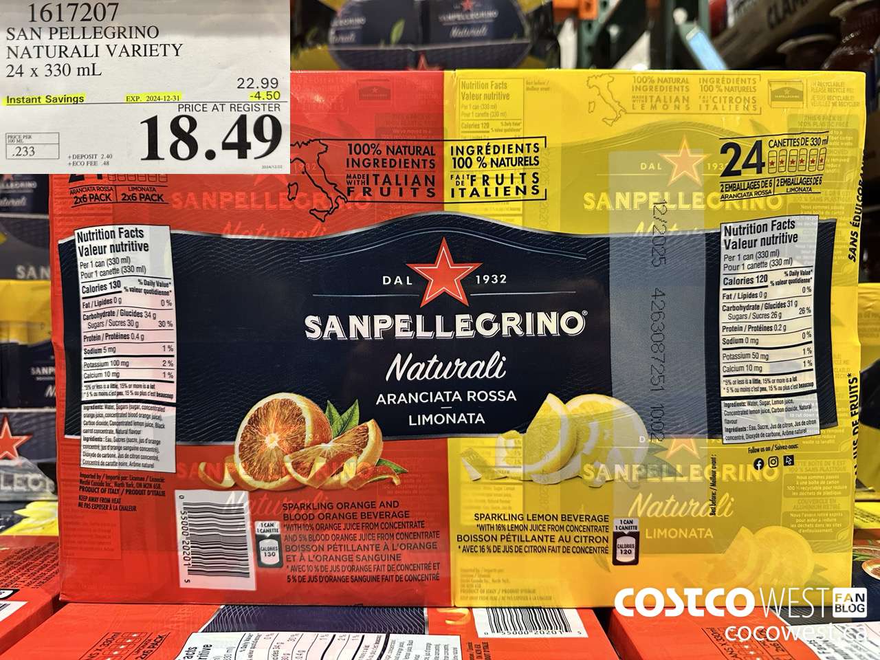 1617207 SAN PELLEGRINO NATURALI VARIETY 24 x 330 mL ($4.50 INSTANT SAVINGS EXPIRES ON 2024-12-31) $18.49