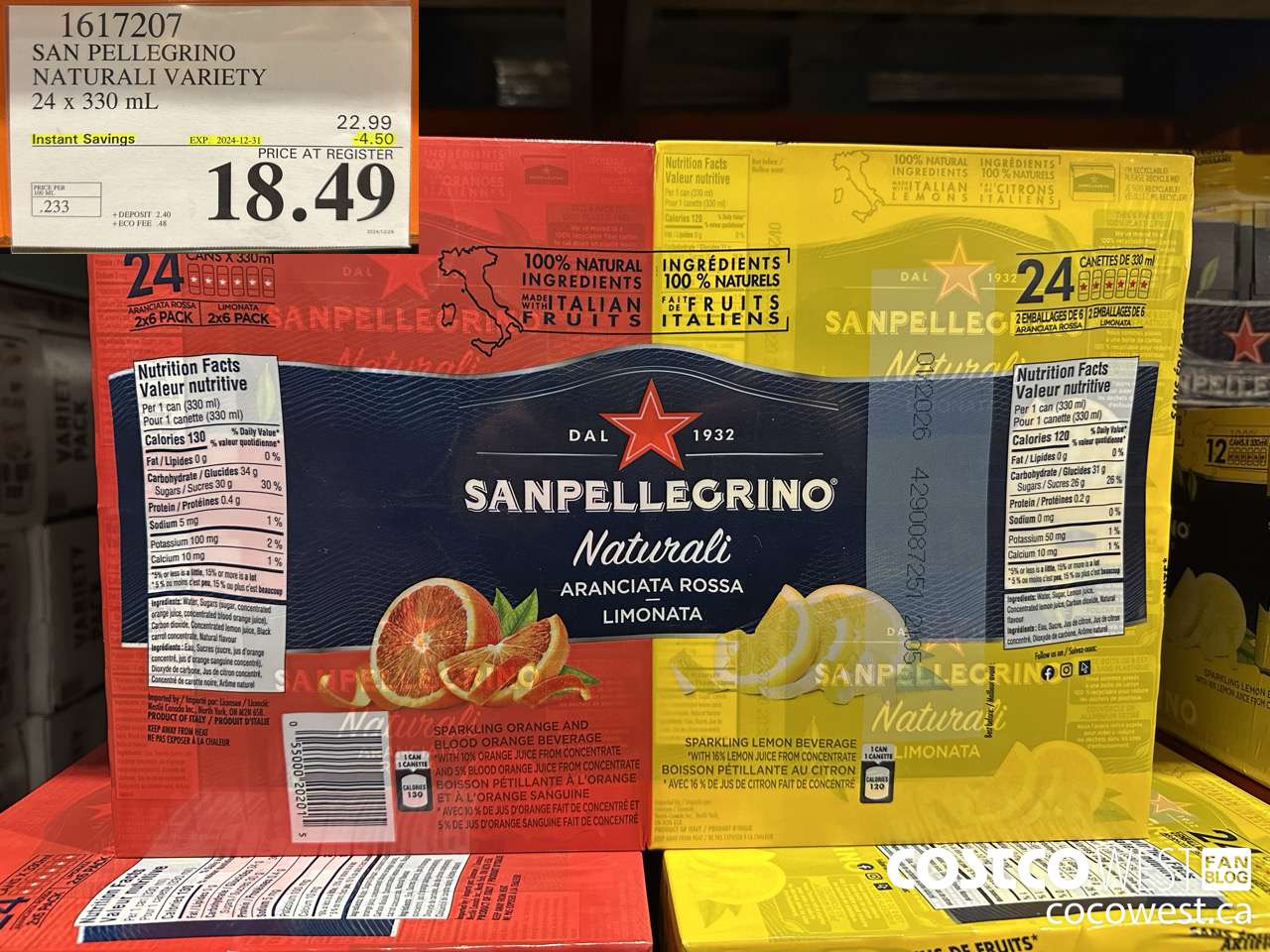 1617207 SAN PELLEGRINO NATURALI VARIETY 24 x 330 mL ($4.50 INSTANT SAVINGS EXPIRES ON 2024-12-31) $18.49