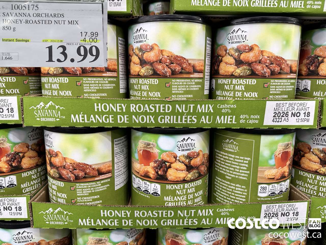 1005175 SAVANNA ORCHARDS HONEY-ROASTED NUT MIX 850 G ($4.00 INSTANT SAVINGS EXPIRES ON 2024-12-08) $13.99