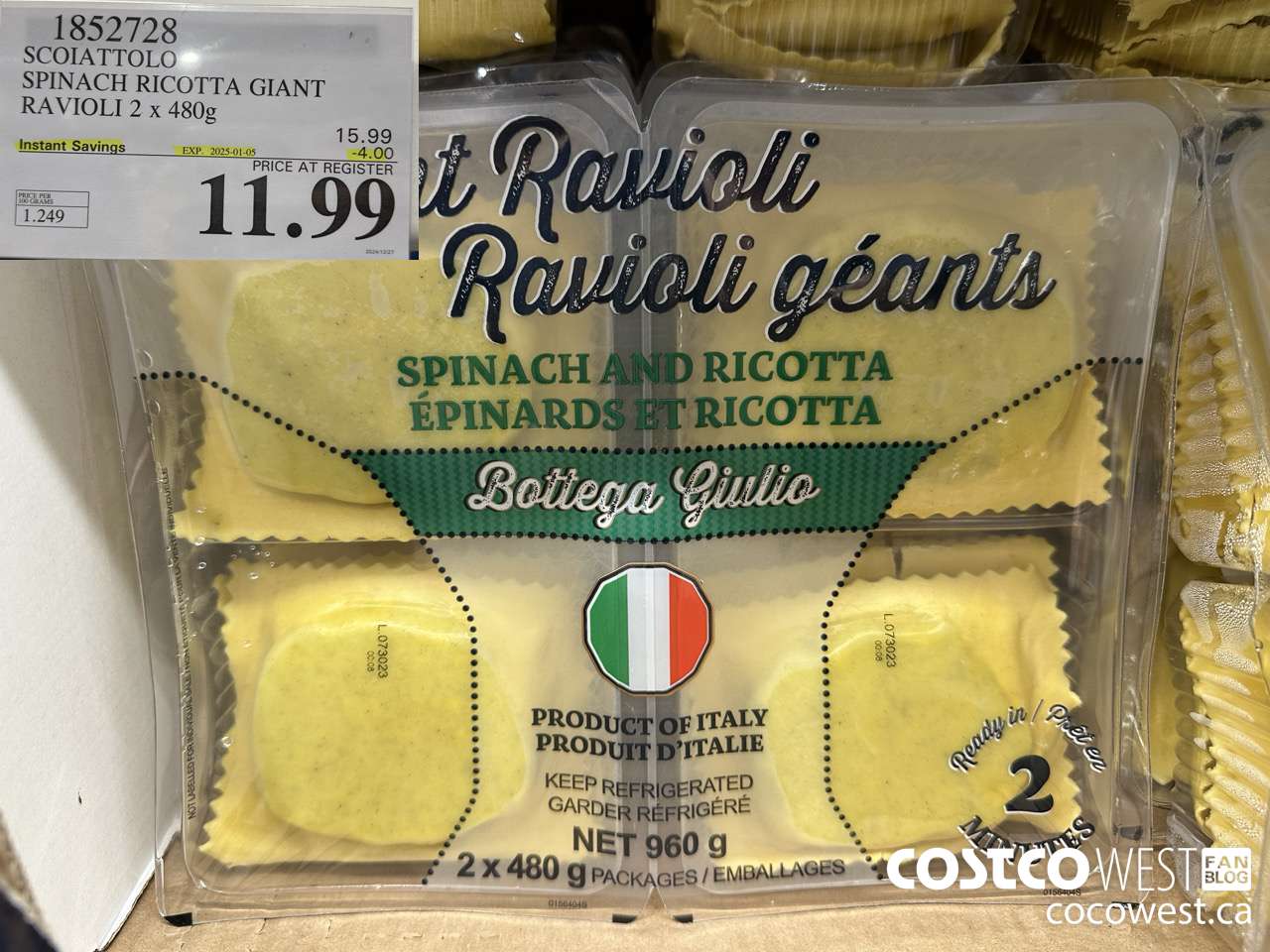 1852728 SCOIATTOLO SPINACH RICOTTA GIANT RAVIOLI 2 X 480G ($4.00 INSTANT SAVINGS EXPIRES ON 2025-01-05) $11.99