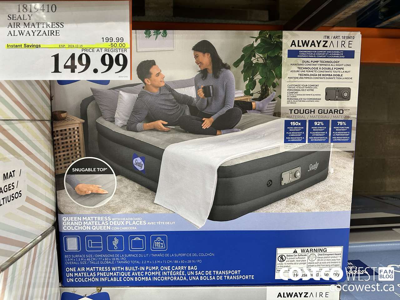 1819410 SEALY AIR MATTRESS ALWAYZAIRE ($50.00 INSTANT SAVINGS EXPIRES ON 2024-12-15) $149.99
