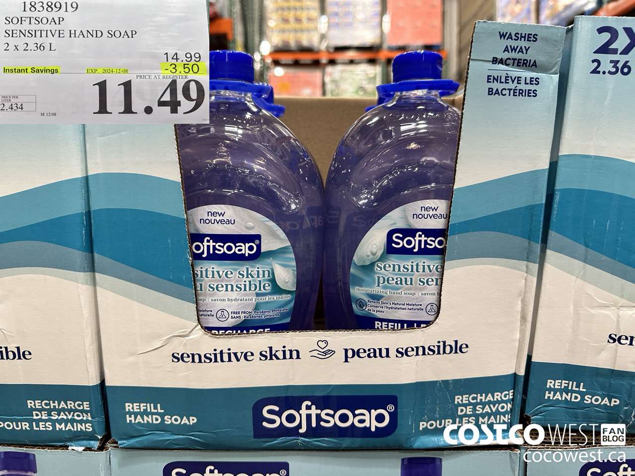 1838919 SOFTSOAP SENSITIVE HAND SOAP 2 X 2.36L ($3.50 INSTANT SAVINGS EXPIRES ON 2024-12-08) $11.49