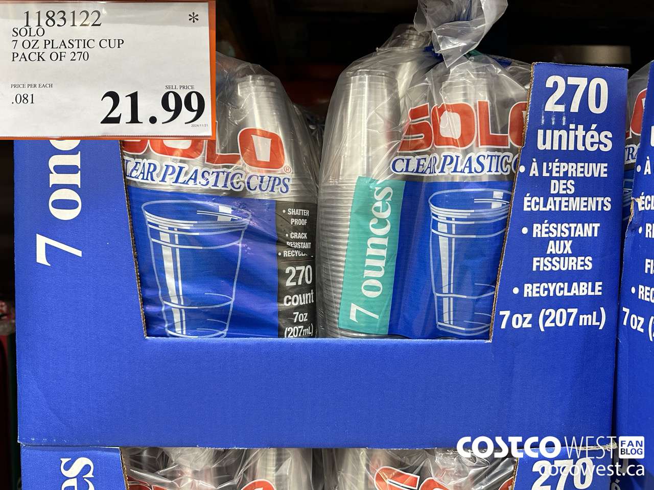 1183122 SOLO 7 OZ PLASTIC CUP PACK OF 270 $21.99