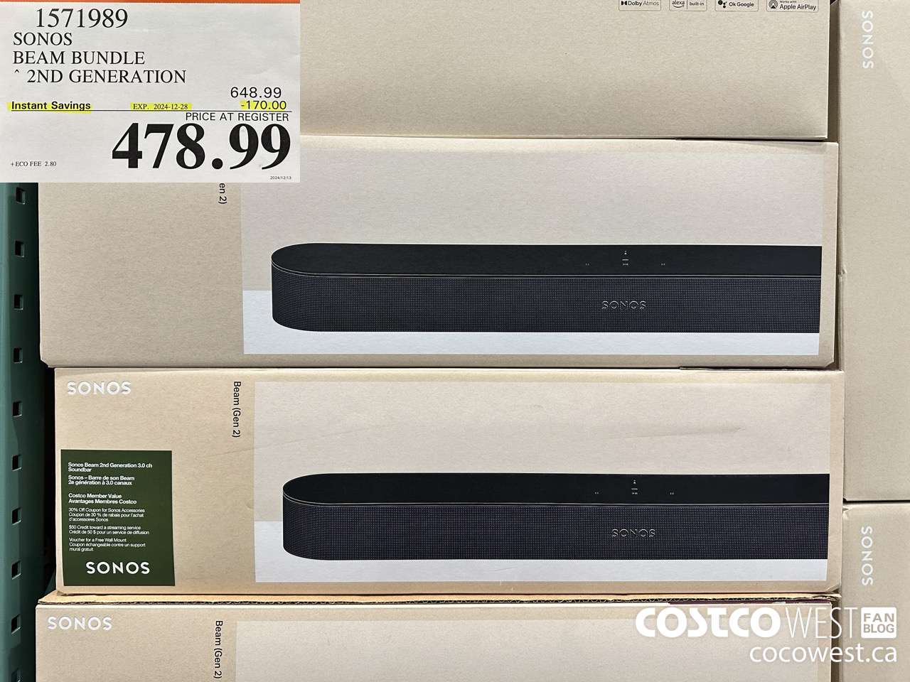 1571989 SONOS BEAM (GEN 2) BUNDLE ($170.00 INSTANT SAVINGS EXPIRES ON 2024-12-28) $478.99