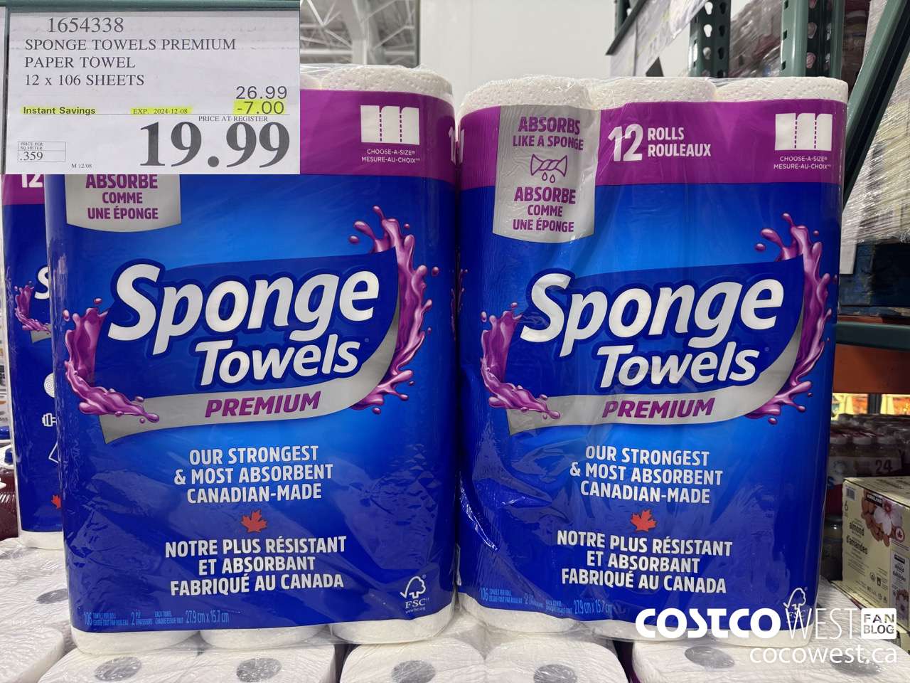 1654338 SPONGE TOWELS PREMIUM PAPER TOWEL 12 X 106 SHEETS ($7.00 INSTANT SAVINGS EXPIRES ON 2024-12-08) $19.99