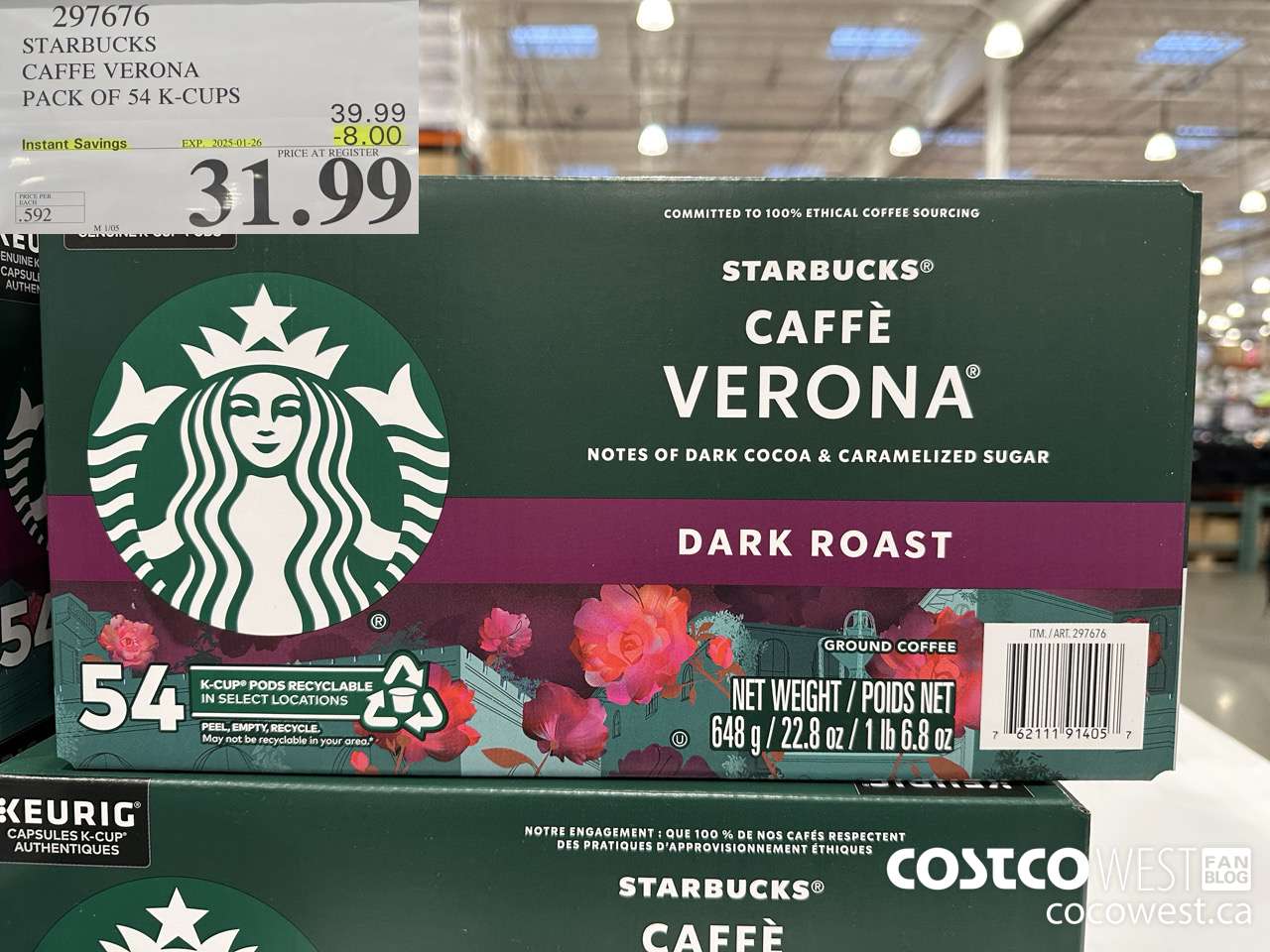 297676 STARBUCKS CAFFE VERONA K-CUPS 54 COUNT ($8.00 INSTANT SAVINGS EXPIRES ON 2025-01-26) $31.99