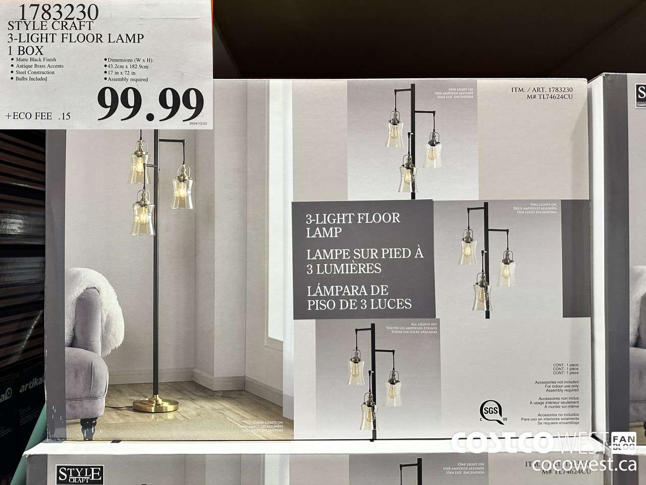 1783230 STYLE CRAFT 3-LIGHT FLOOR LAMP $99.99