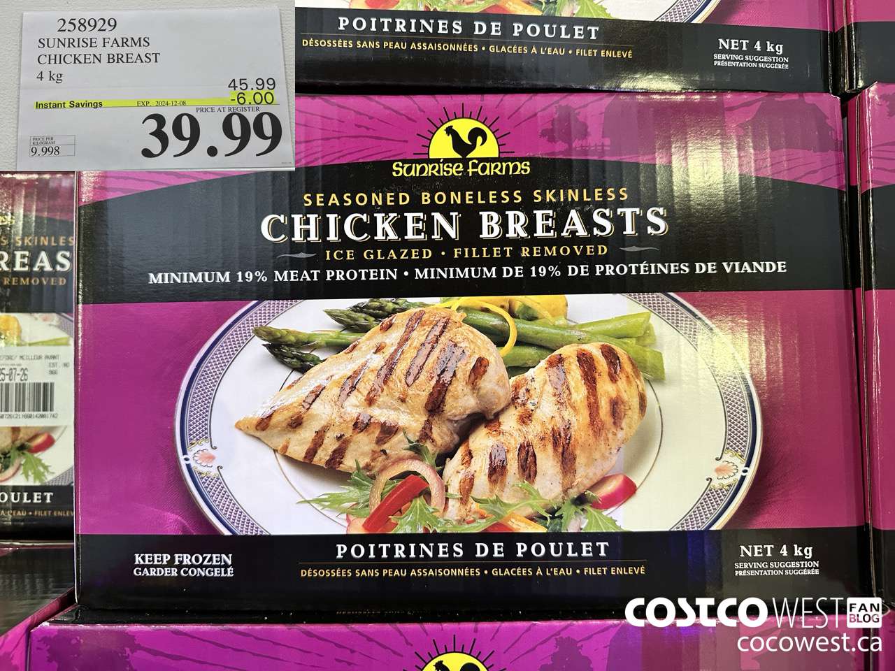 258929 SUNRISE FARMS CHICKEN BREAST 4 kg ($6.00 INSTANT SAVINGS EXPIRES ON 2024-12-08) $39.99