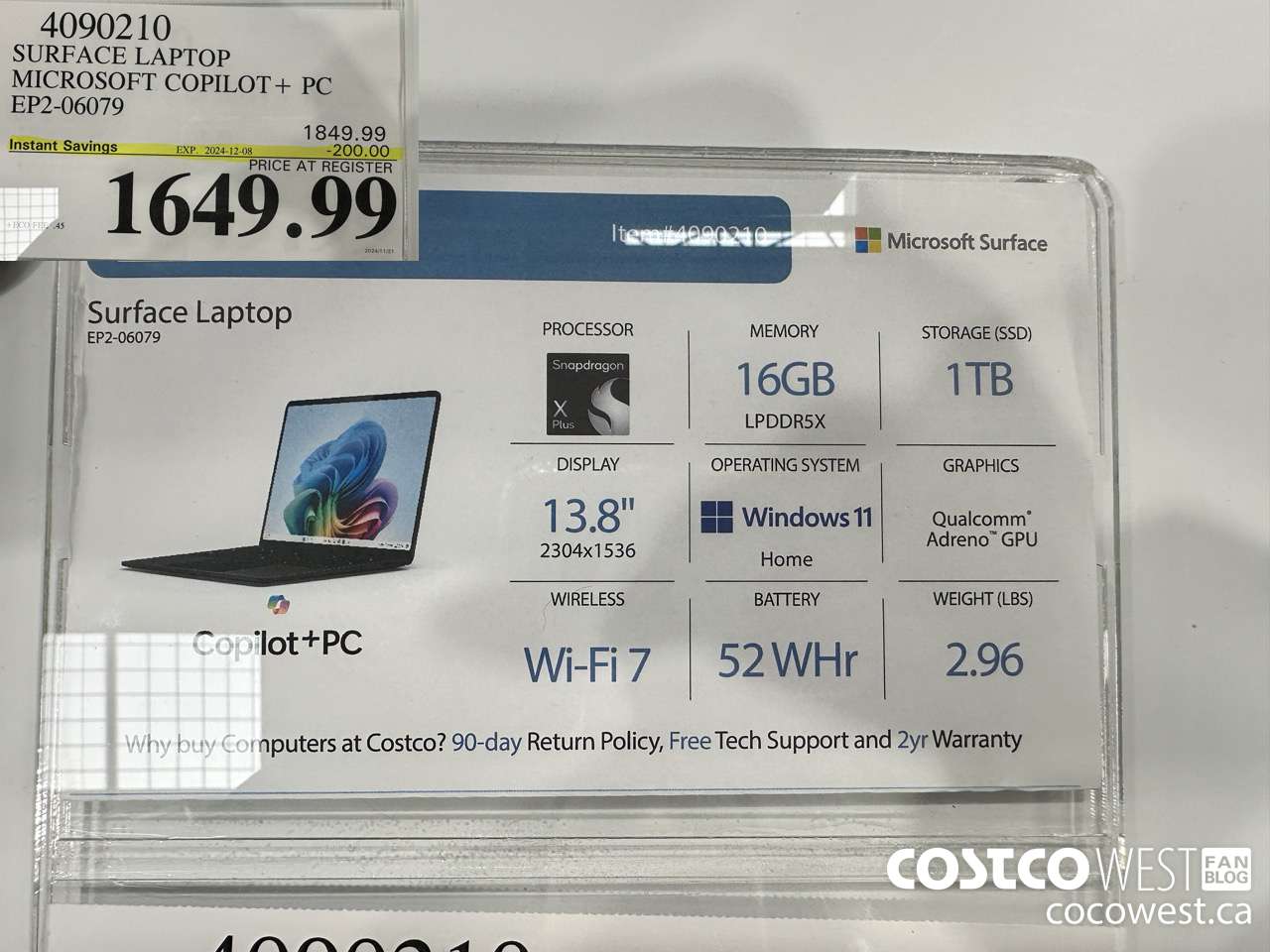 4090210 SURFACE LAPTOP MICROSOFT COPILOT + PC EP2-06079 ($200.00 INSTANT SAVINGS EXPIRES ON 2024-12-08) $1649.99