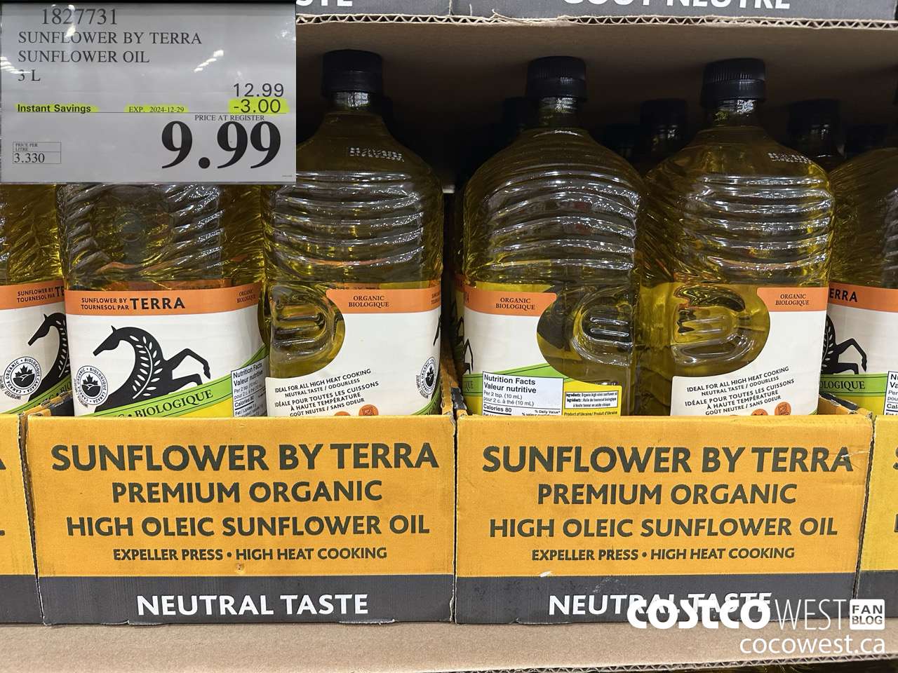1827731 TERRA DELYSSA ORGANIC SUNFLOWER OIL 3L ($3.00 INSTANT SAVINGS EXPIRES ON 2024-12-29) $9.99