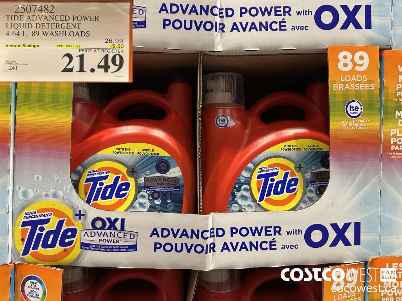 2507482 TIDE ADVANCED POWER LIQUID DETERGENT 4.64 L 89 WASHLOADS ($5.50 INSTANT SAVINGS EXPIRES ON 2025-01-26) $21.49