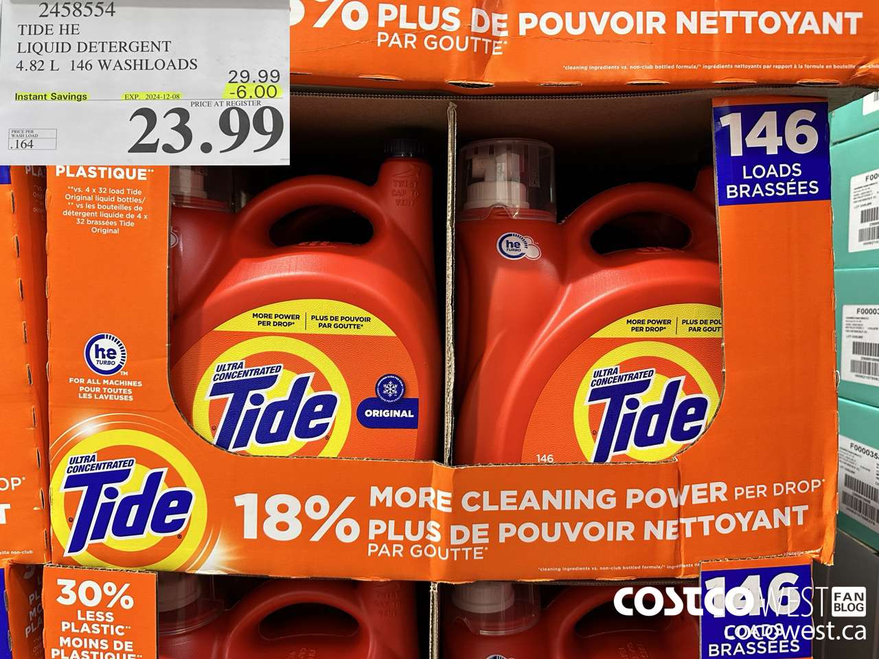 2458554 TIDE HE LIQUID DETERGENT 4.82 L 146 WASHLOADS ($6.00 INSTANT SAVINGS EXPIRES ON 2024-12-08) $23.99