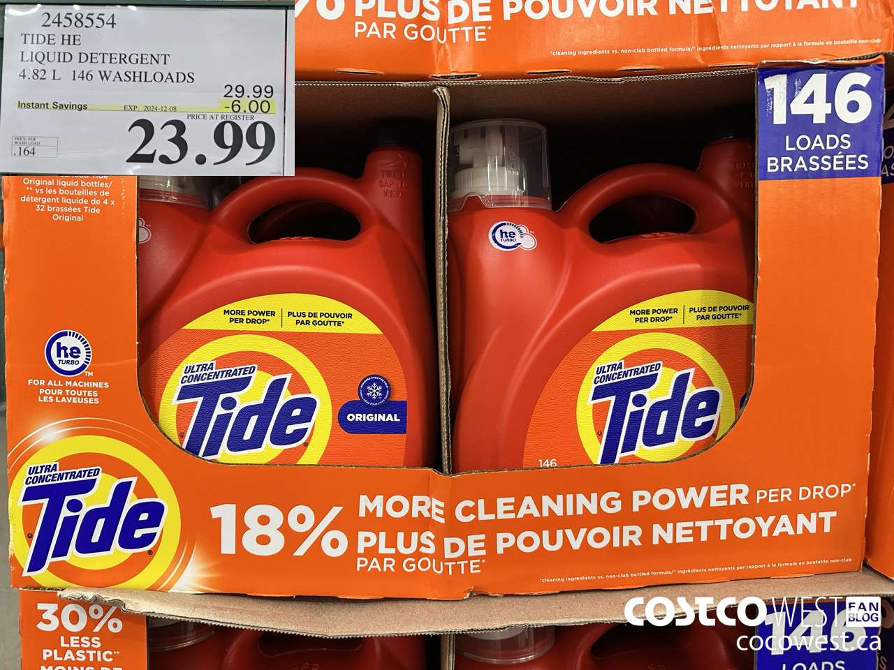 2458554 TIDE HE LIQUID DETERGENT 4.82 L 146 WASHLOADS ($6.00 INSTANT SAVINGS EXPIRES ON 2024-12-08) $23.99